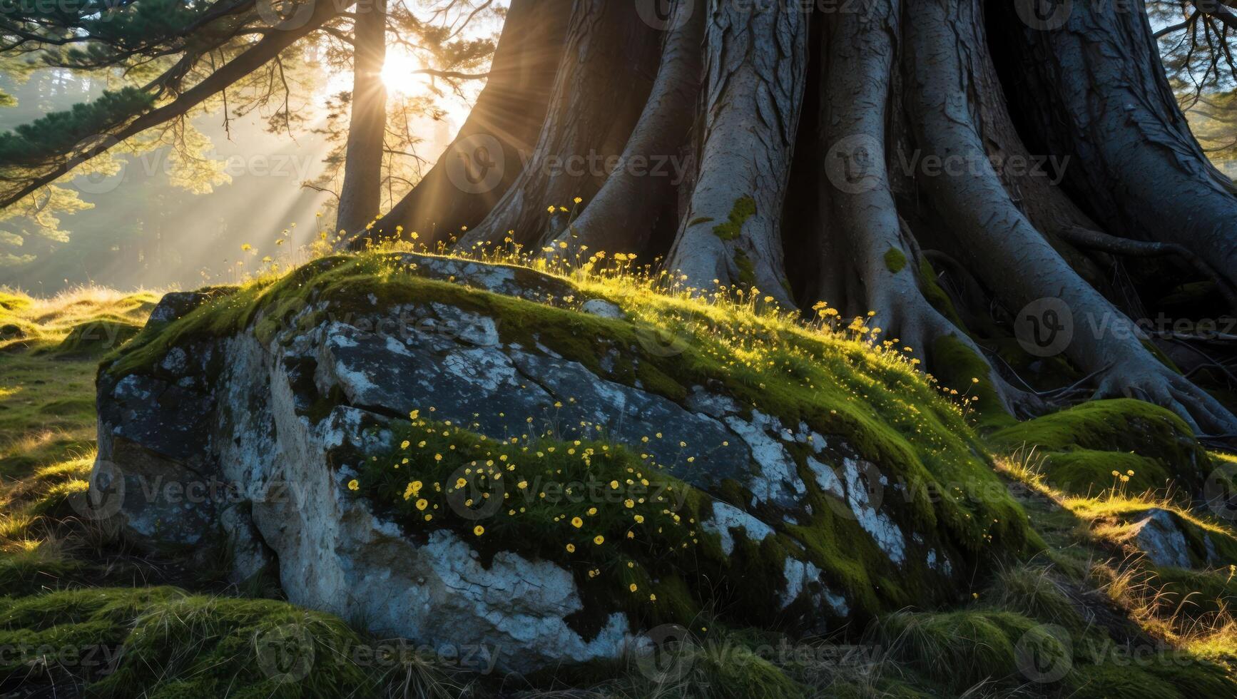 Sunlight Through Forest Trees Illuminating Mossy Rock with Tiny Flowers photo