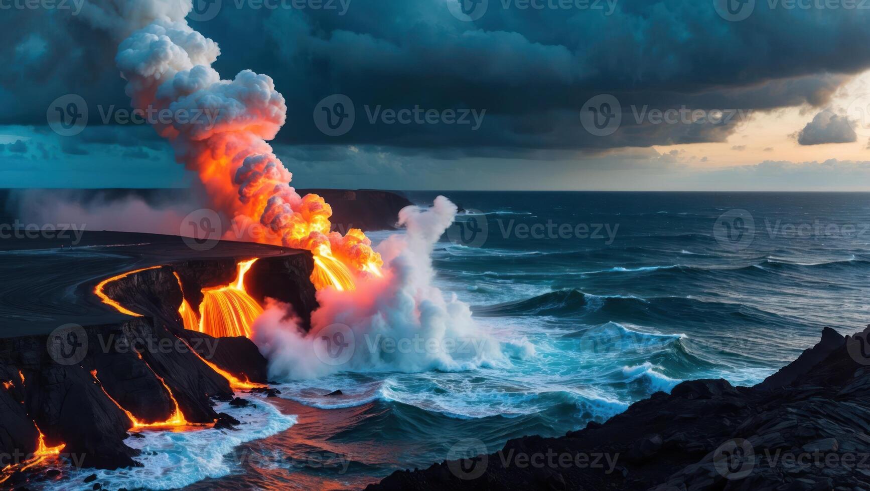 Volcanic Eruption by the Ocean Creating Steam and Lava Flowing photo