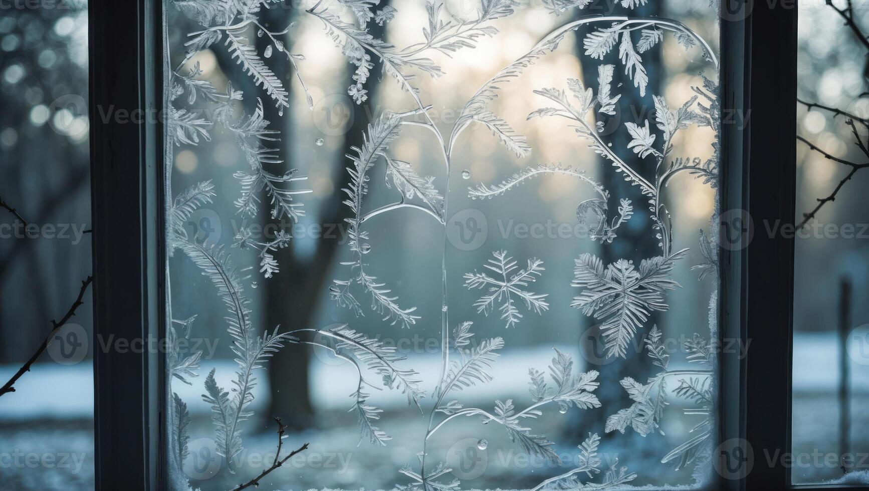 Frozen Window Art with Snowflake and Fern Designs on Glass photo