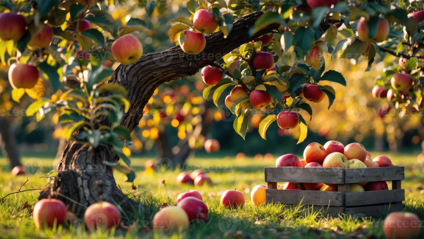 Harvesting Fresh Apples Red Apples in Orchard on Sunny Day photo