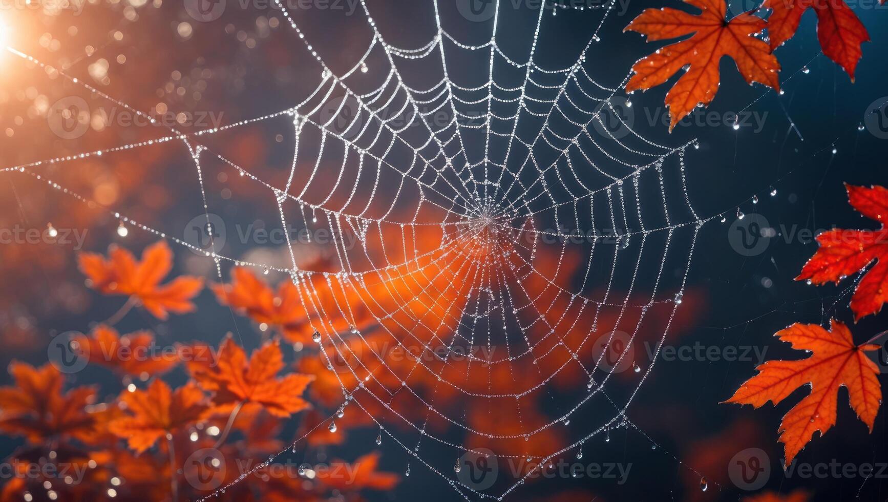 Spiderweb with Dew Drops and Red Leaves in Autumn Light photo