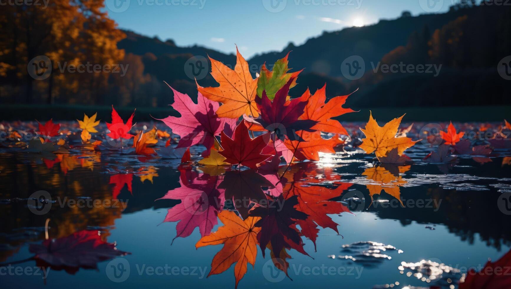 Colorful Maple Leaves Reflecting in Water During Autumn Season Landscape photo