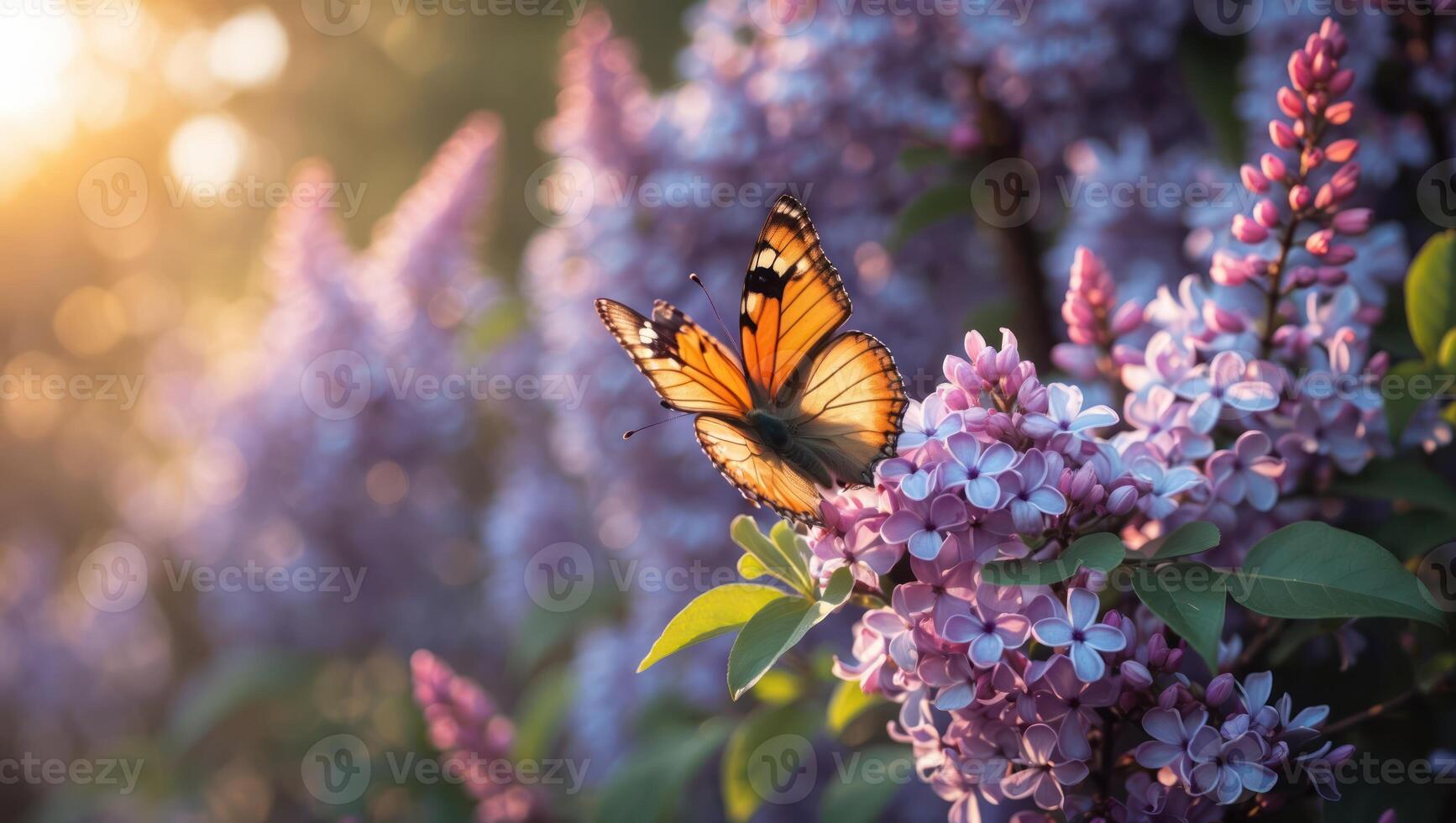 Butterfly on Lilac Blossoms with Warm Sunlight and Springtime Mood photo