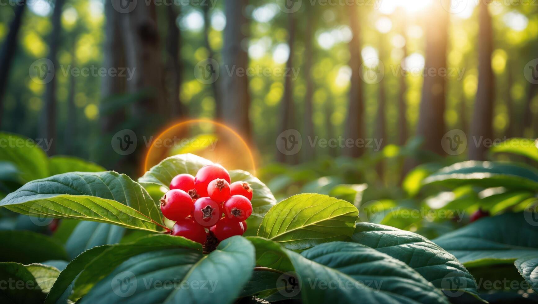 Red Berries in Forest with Sunlight Streaming Through Green Leaves photo