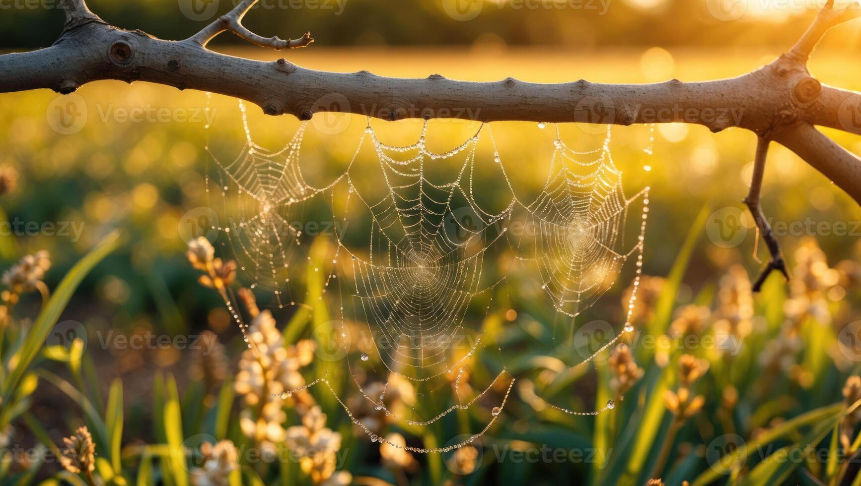 Spiderweb Hanging on Branch with Water Droplets in Golden Light photo