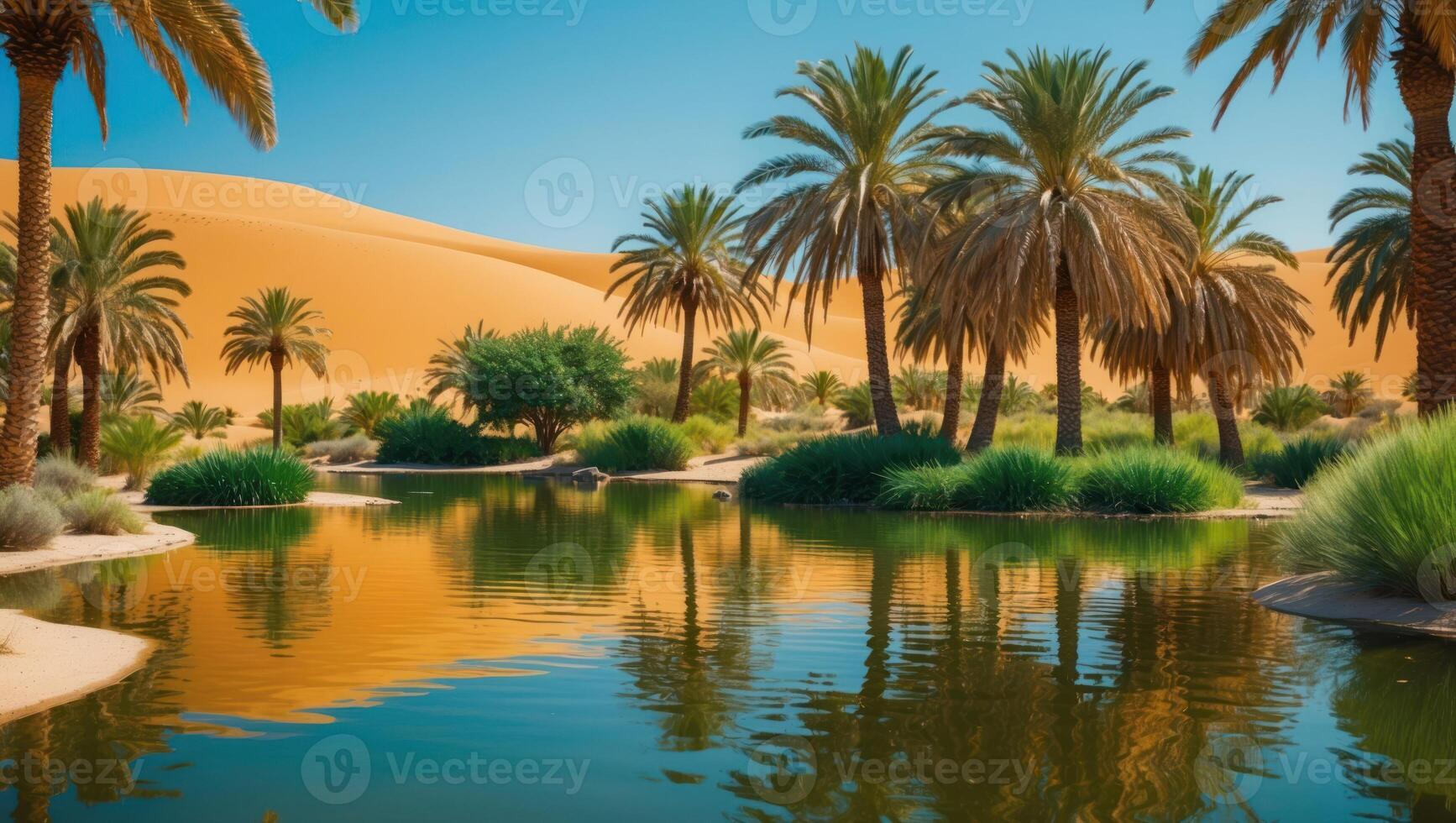 Oasis with Palm Trees Reflecting in the Water on Desert Landscape photo