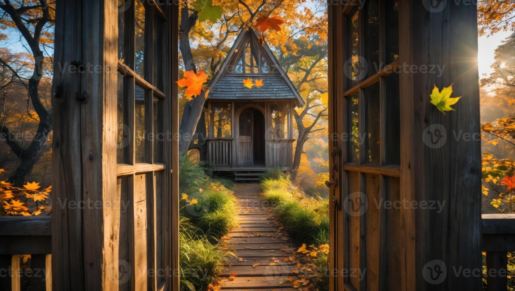 Viewing Wooden Cabin Through Open Door in Autumn Forest Scenery photo