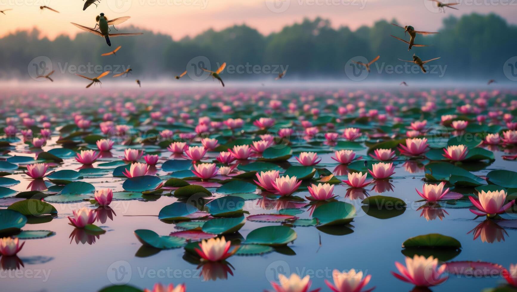 Lily Pads and Dragonflies Hovering Over Calm Pond During Sunset photo