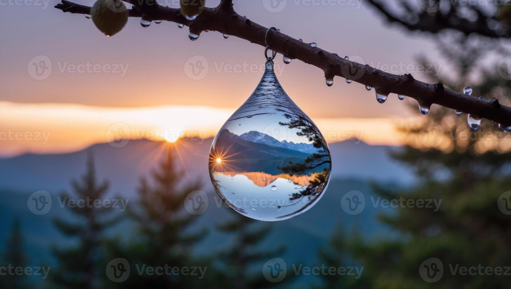 Water Drop Reflection of Mountain Landscape at Sunset Hanging on Branch photo
