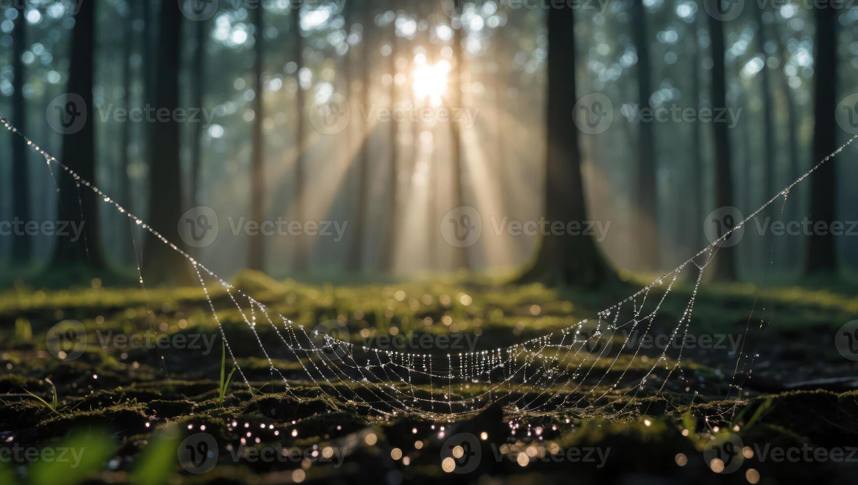 Spiderweb Covered in Dew Drops Glistening in the Forest Sunlight photo