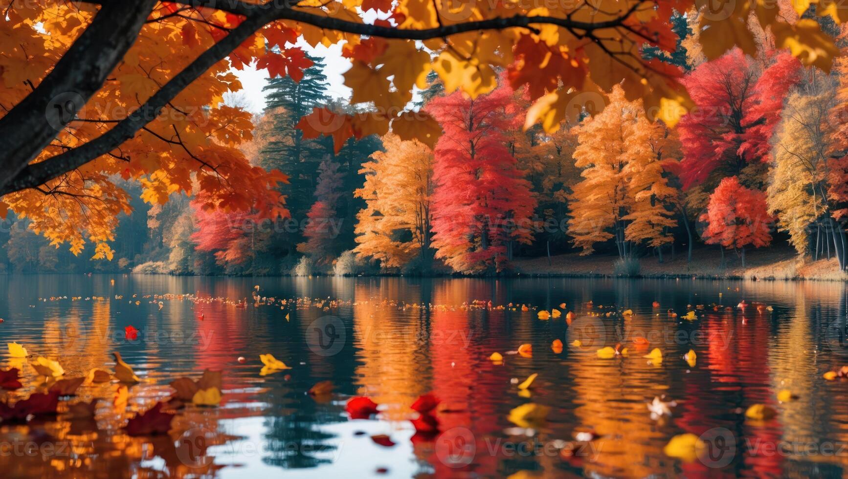 Autumn Trees Reflected in Calm Lake Water with Fallen Leaves photo