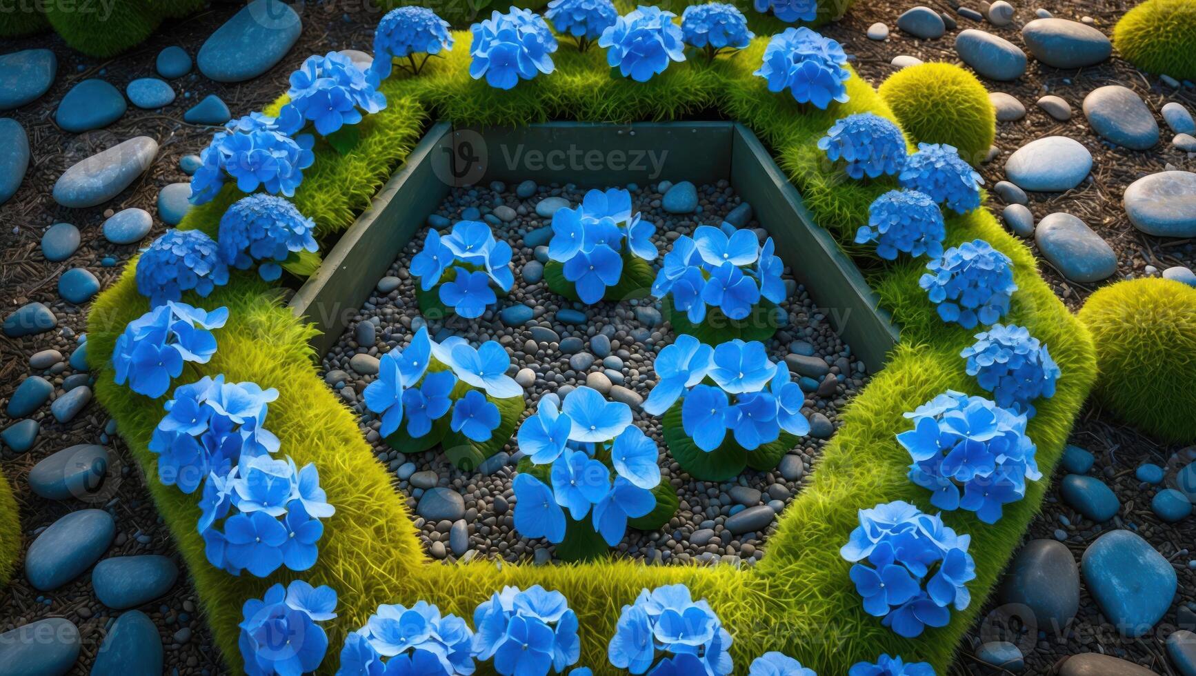 Arrangement of Blue Hydrangeas in a Geometric Garden Bed Design photo