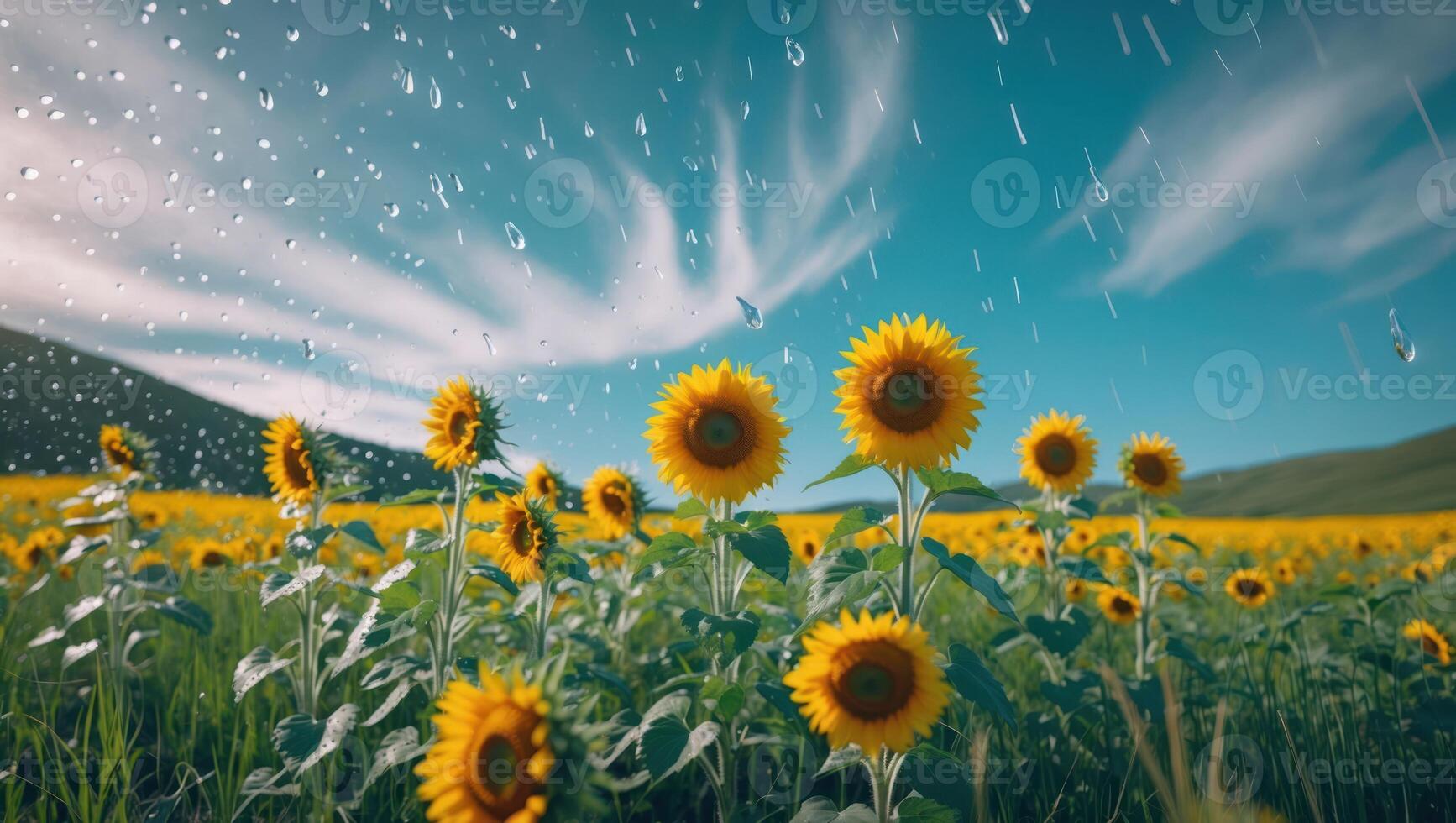 Sunflowers Field Under Rain with Clouds in the Sky photo