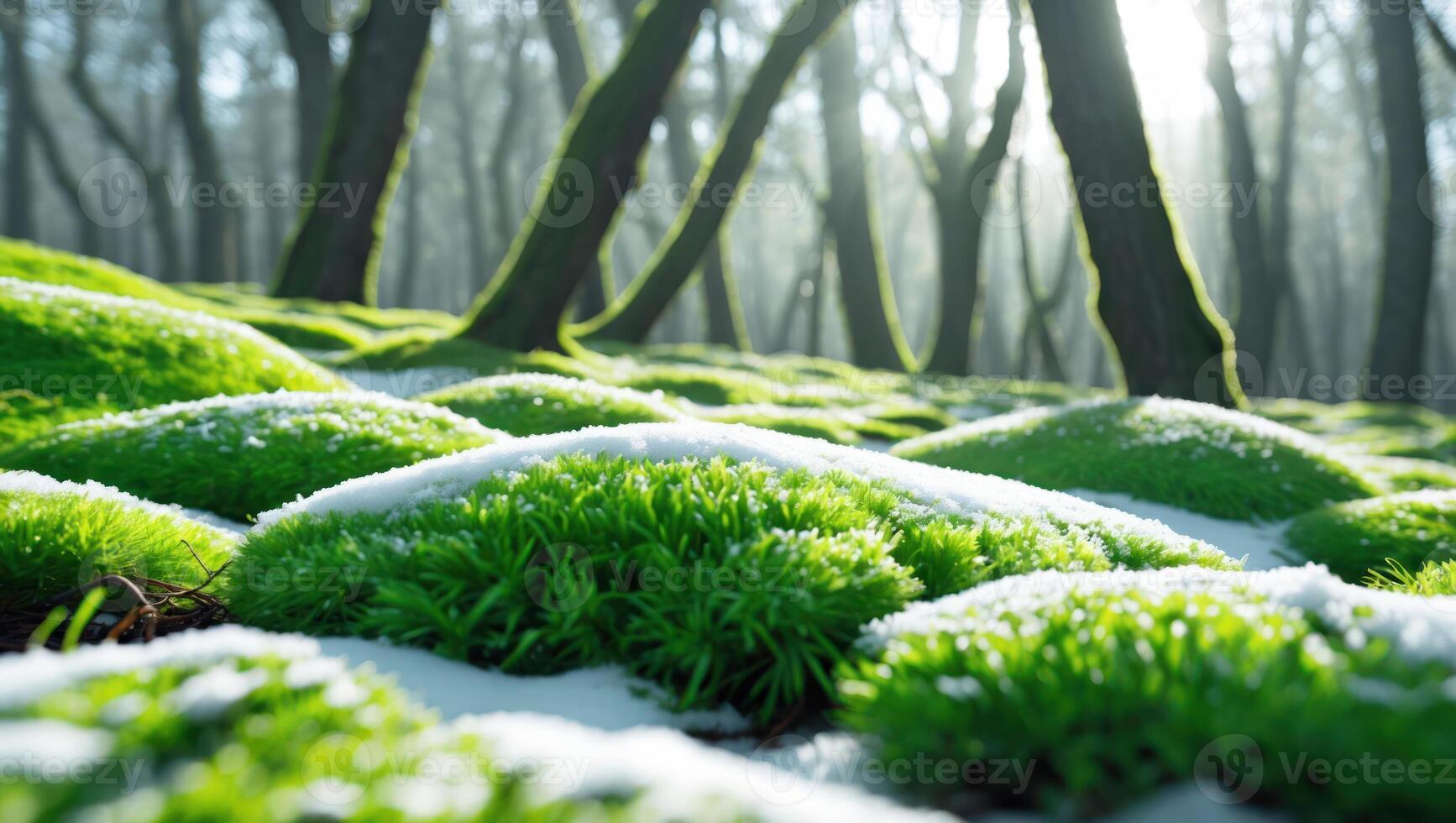 Moss Patches Covered in Snow in a Winter Forest Scene photo