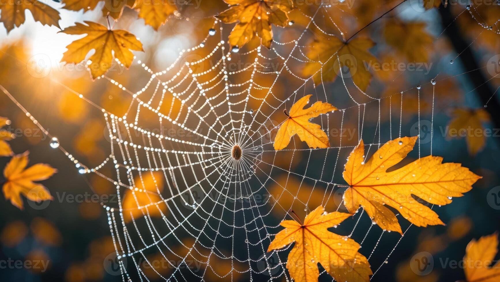 Spiderweb Dew Drops with Golden Autumn Leaves in Forest Sunlight photo