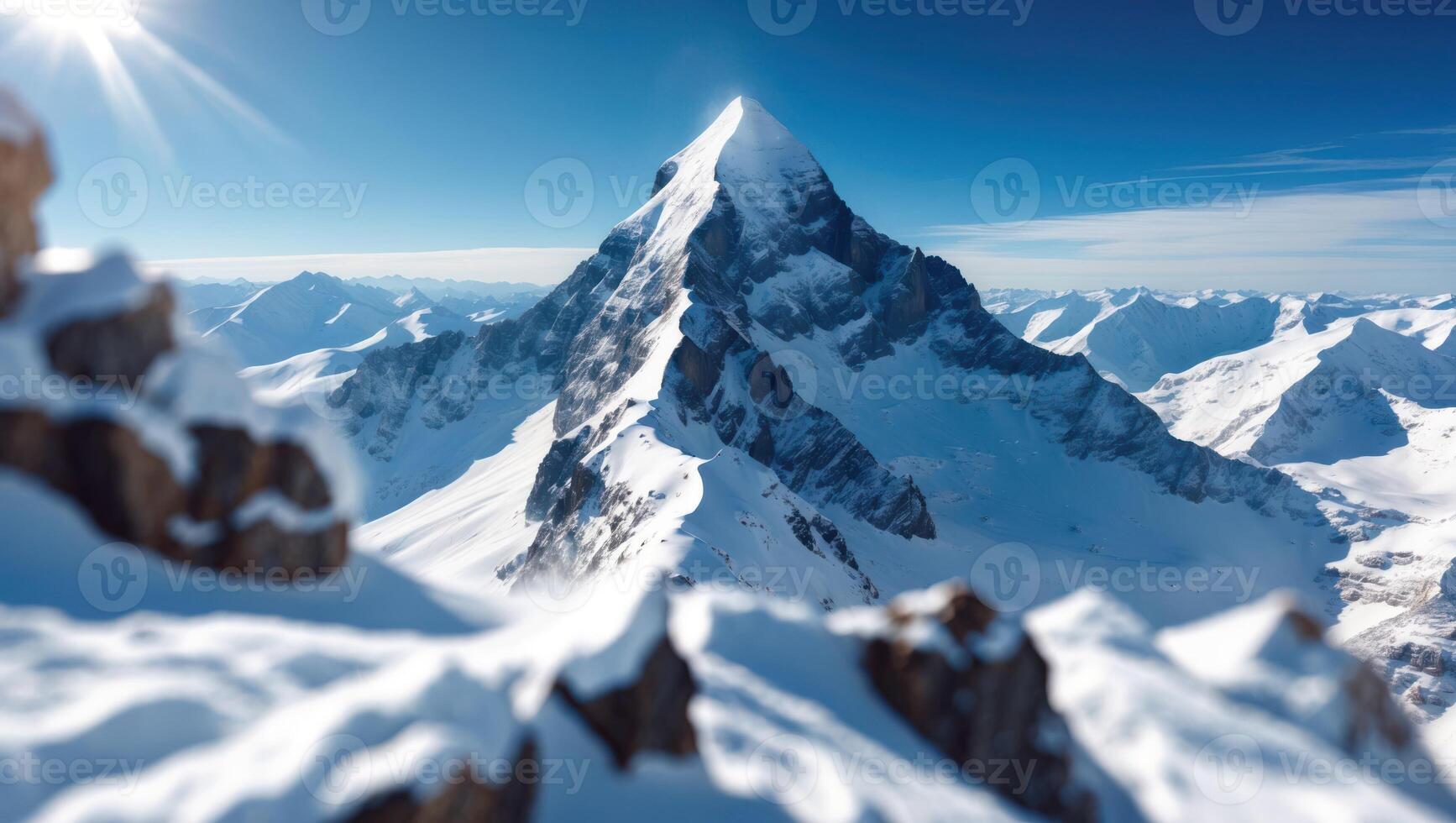 Snowy Mountain Peak Under Bright Sky Winter Landscape Scenery photo