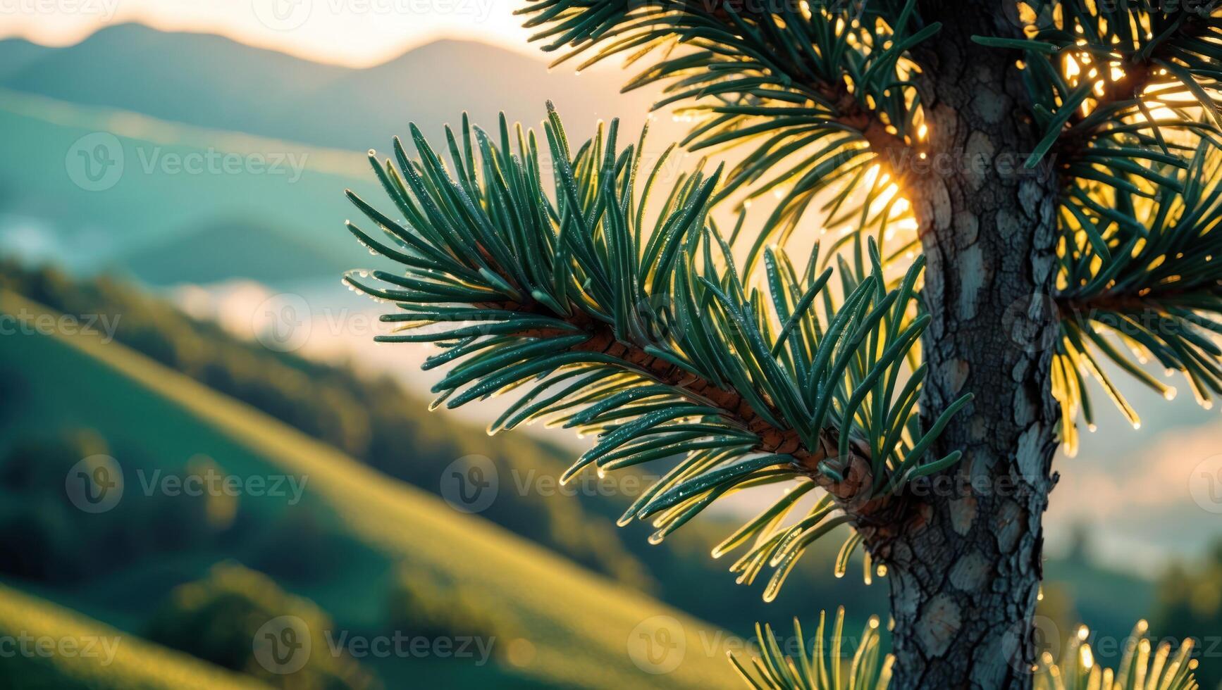 Pine Tree Branch Close-up with Mountain Landscape and Golden Sunlight photo
