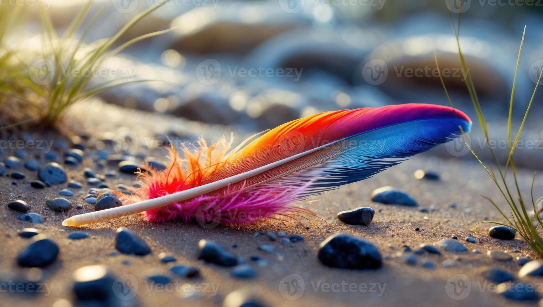 Colorful Feather Resting on Sandy Beach with Gentle Wave Background photo