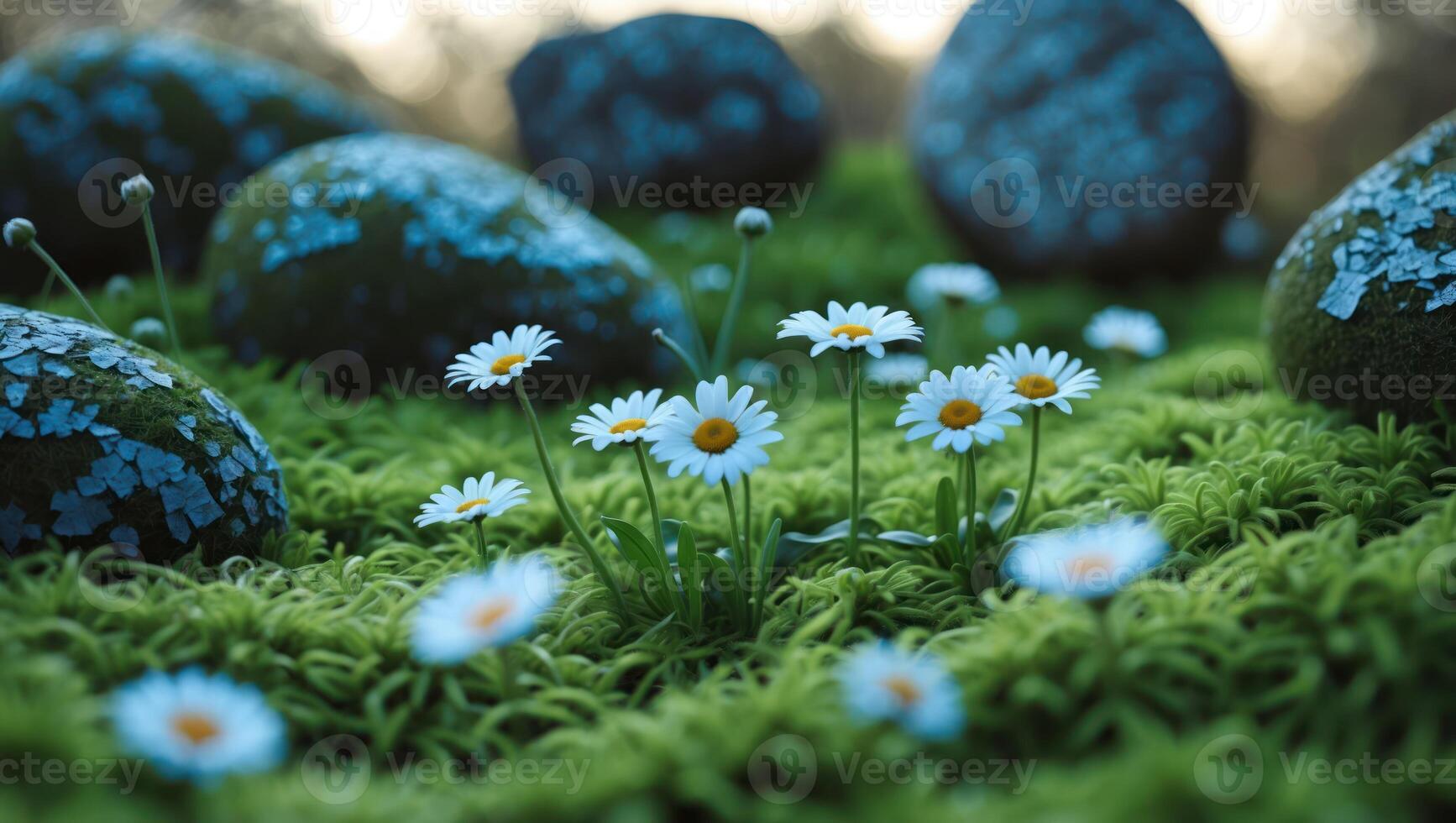 Blooming Daisies and Mossy Stones Create a Peaceful Nature Scene photo