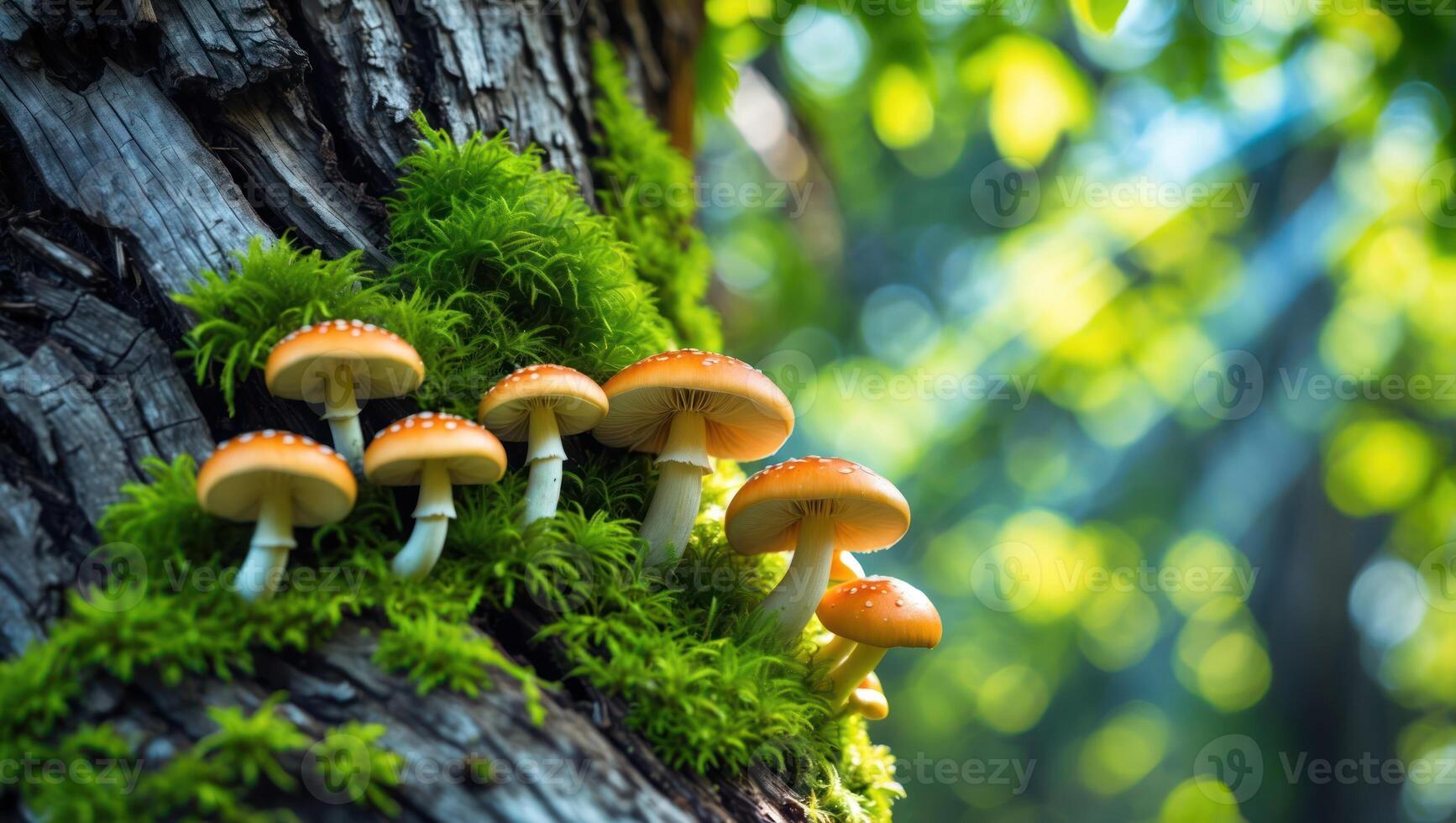 Mushrooms Growing on Mossy Tree Trunk in a Lush Forest photo