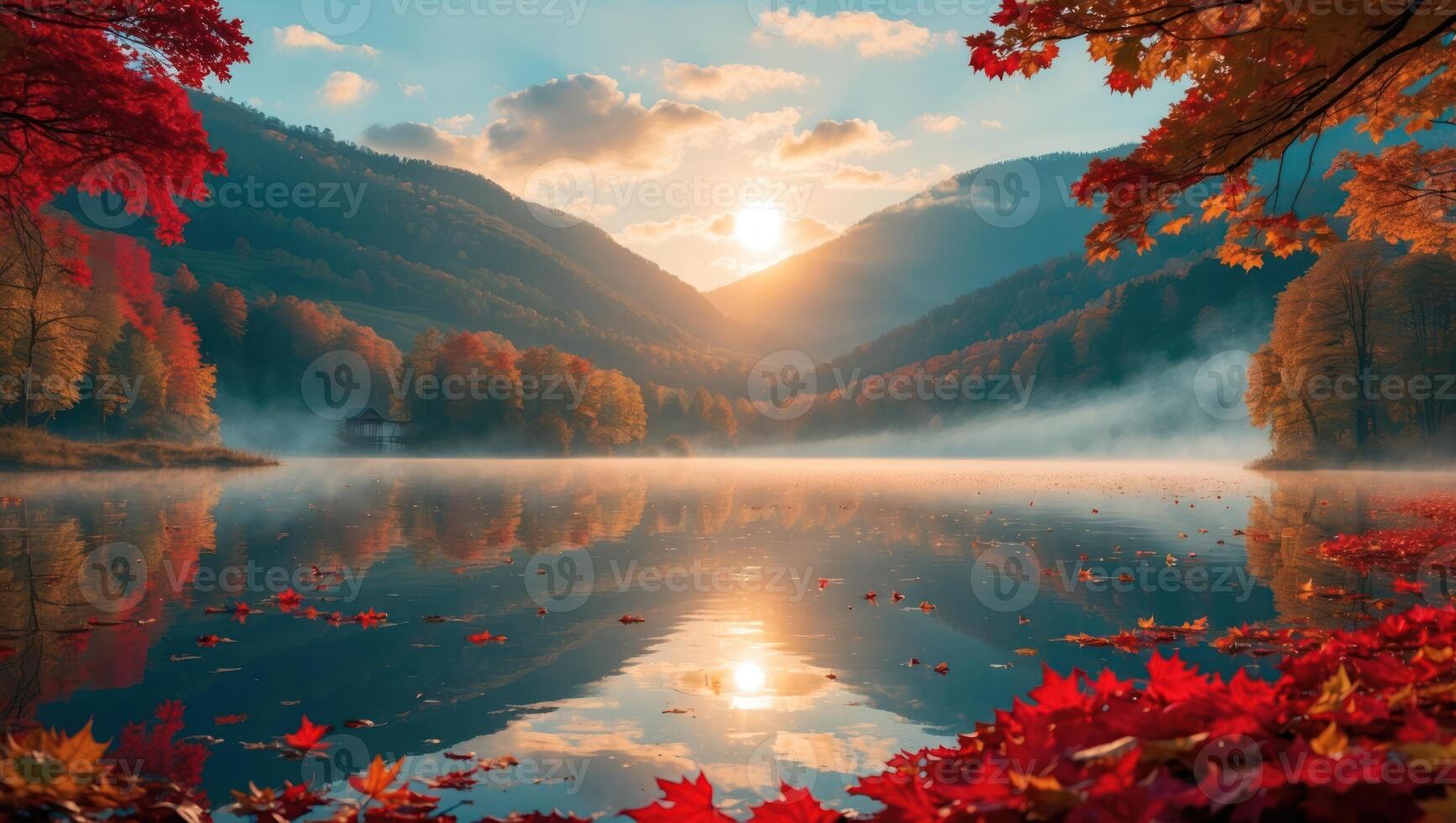 Autumn Lake Reflection at Sunrise with Colorful Forest Landscape View photo