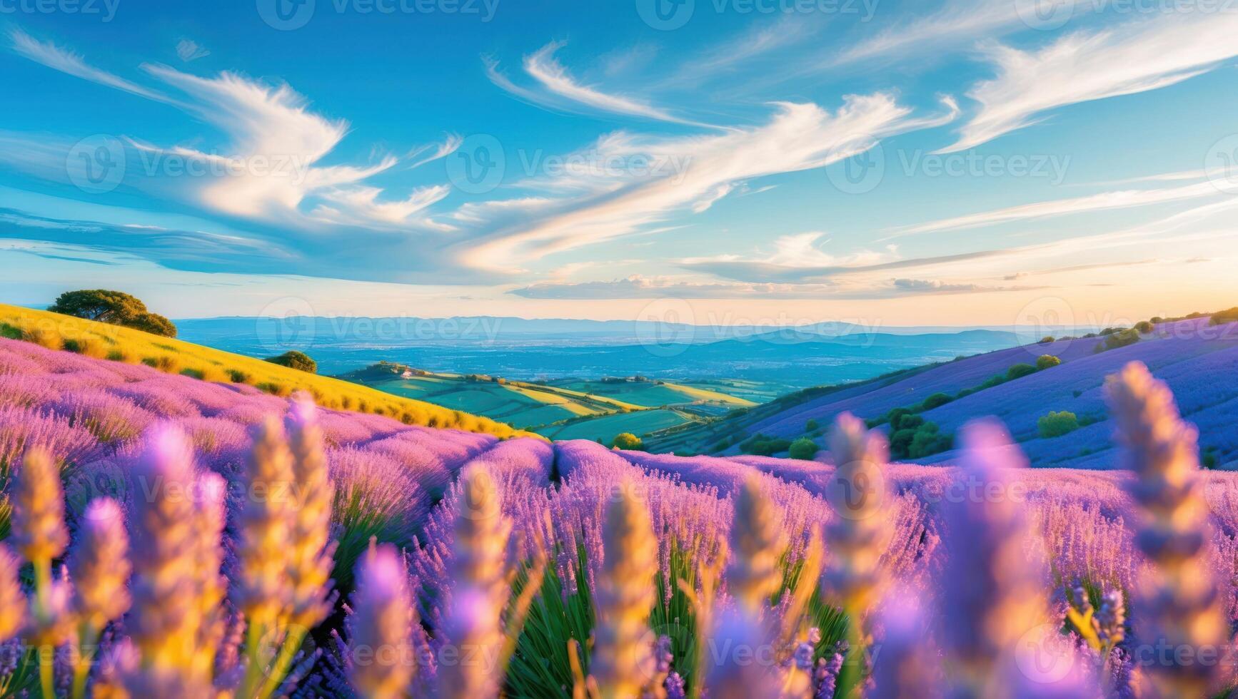 Lavender Field Blooming Under a Bright Blue Sky with Wispy Clouds photo