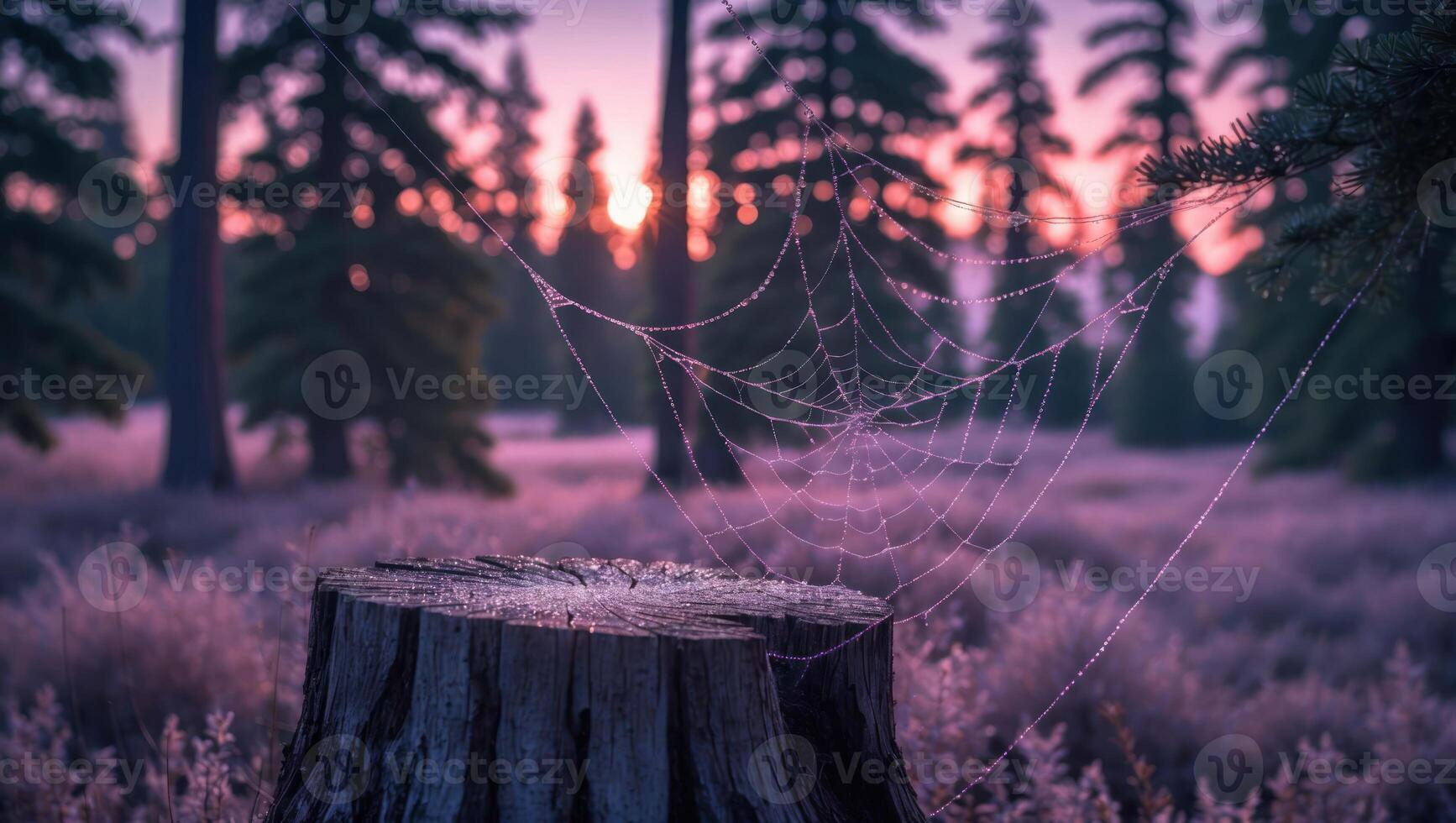 Spiderweb on Tree Stump at Sunrise in Forest with Dew photo