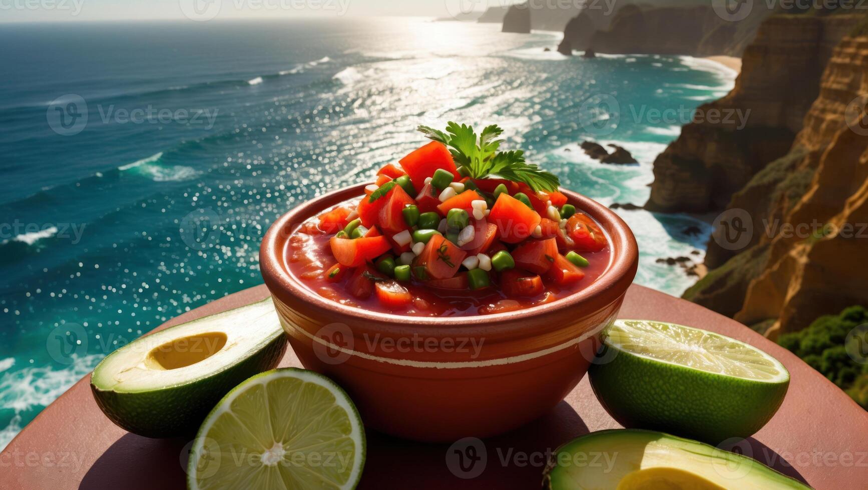 Fresh Tomato Salsa with Avocado and Lime Overlooking the Ocean photo