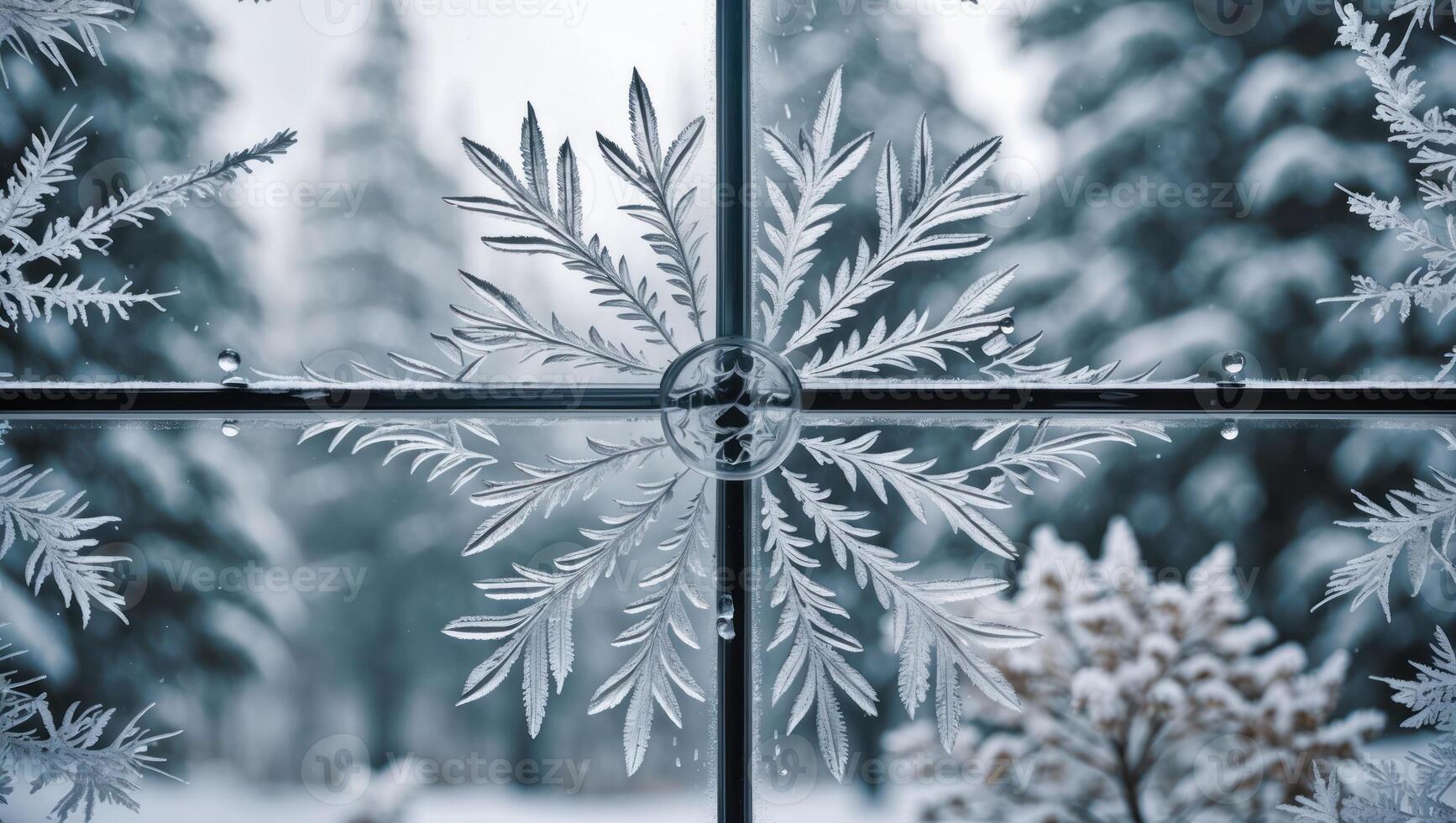 Snowflake Window Frost with Snowy Winter Landscape View Through Glass photo
