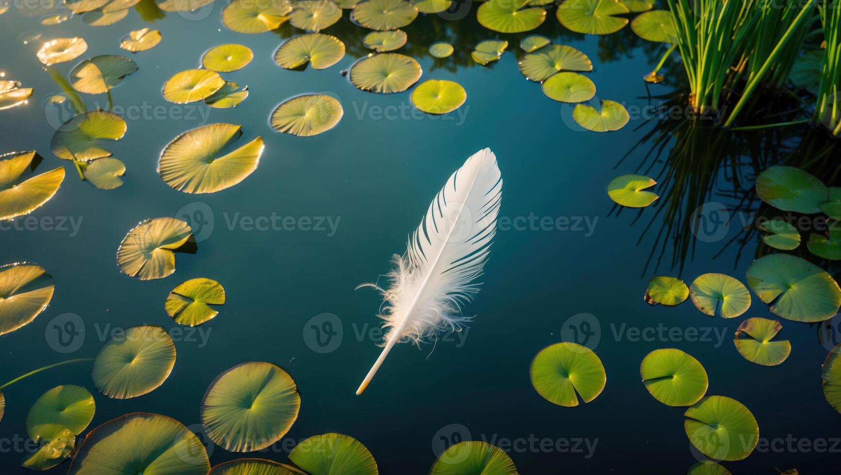 Feather Floating on Pond Water Surrounded by Lily Pads in Sunlight photo