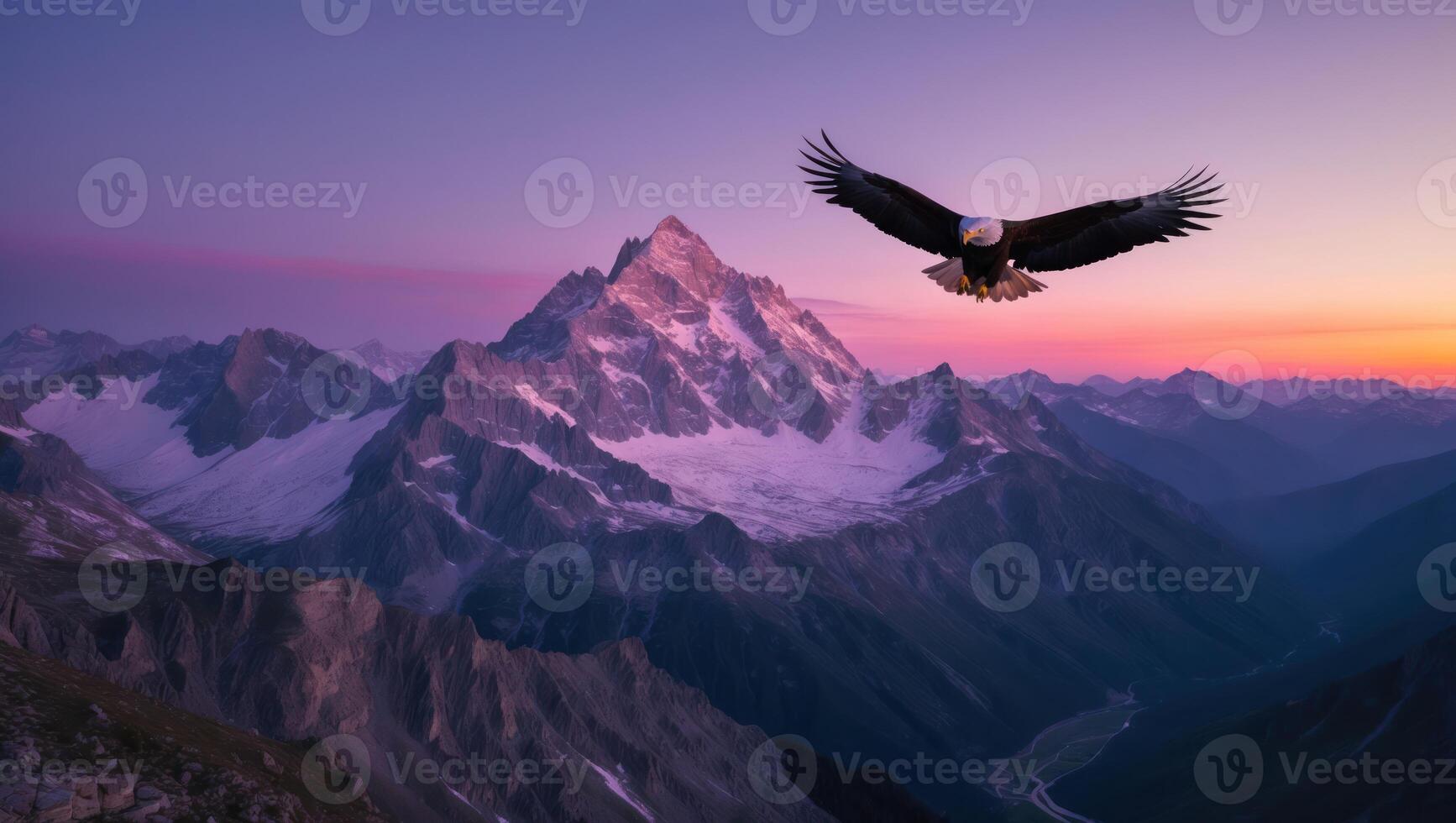Eagle Flying Over Mountain Peak at Sunset with Colorful Sky photo