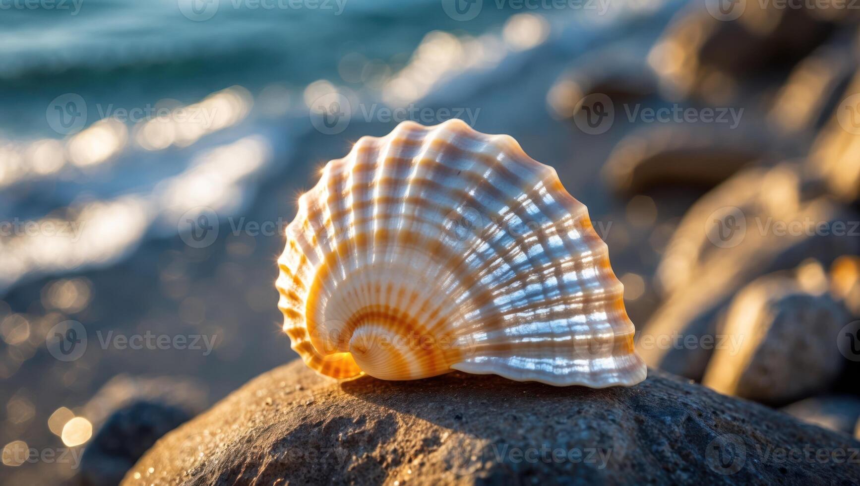 Seashell Resting on Rock Near Ocean Waves Shimmering in Sunlight photo