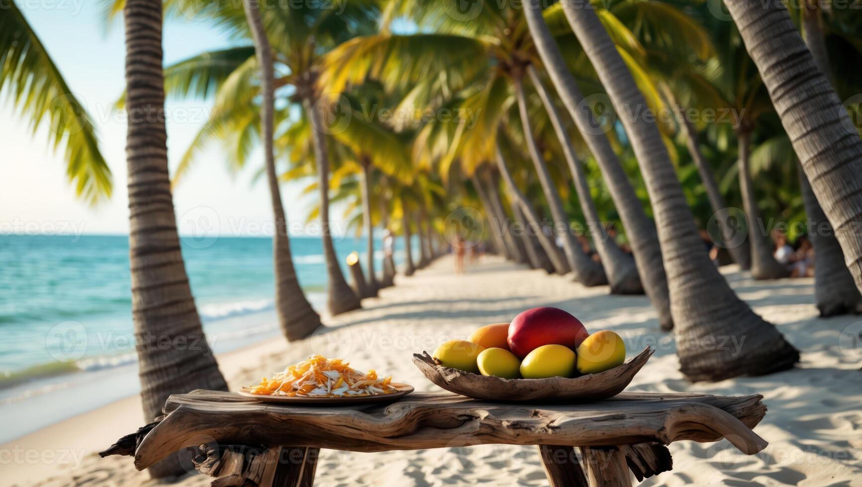 Tropical Fruit Display on Beach Table with Palm Trees Background photo