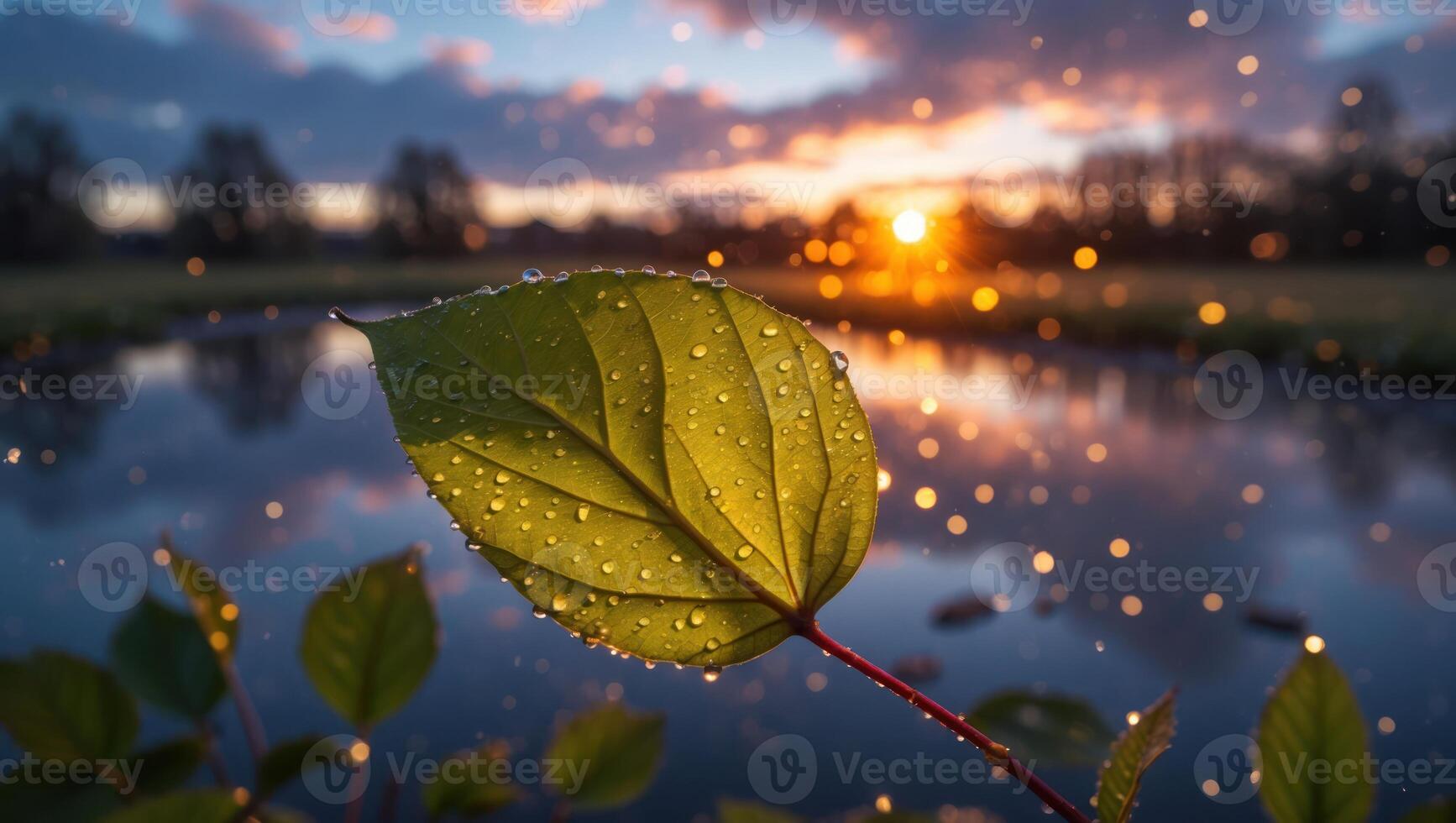 Close Up of Leaf with Water Droplets at Sunset by Pond photo
