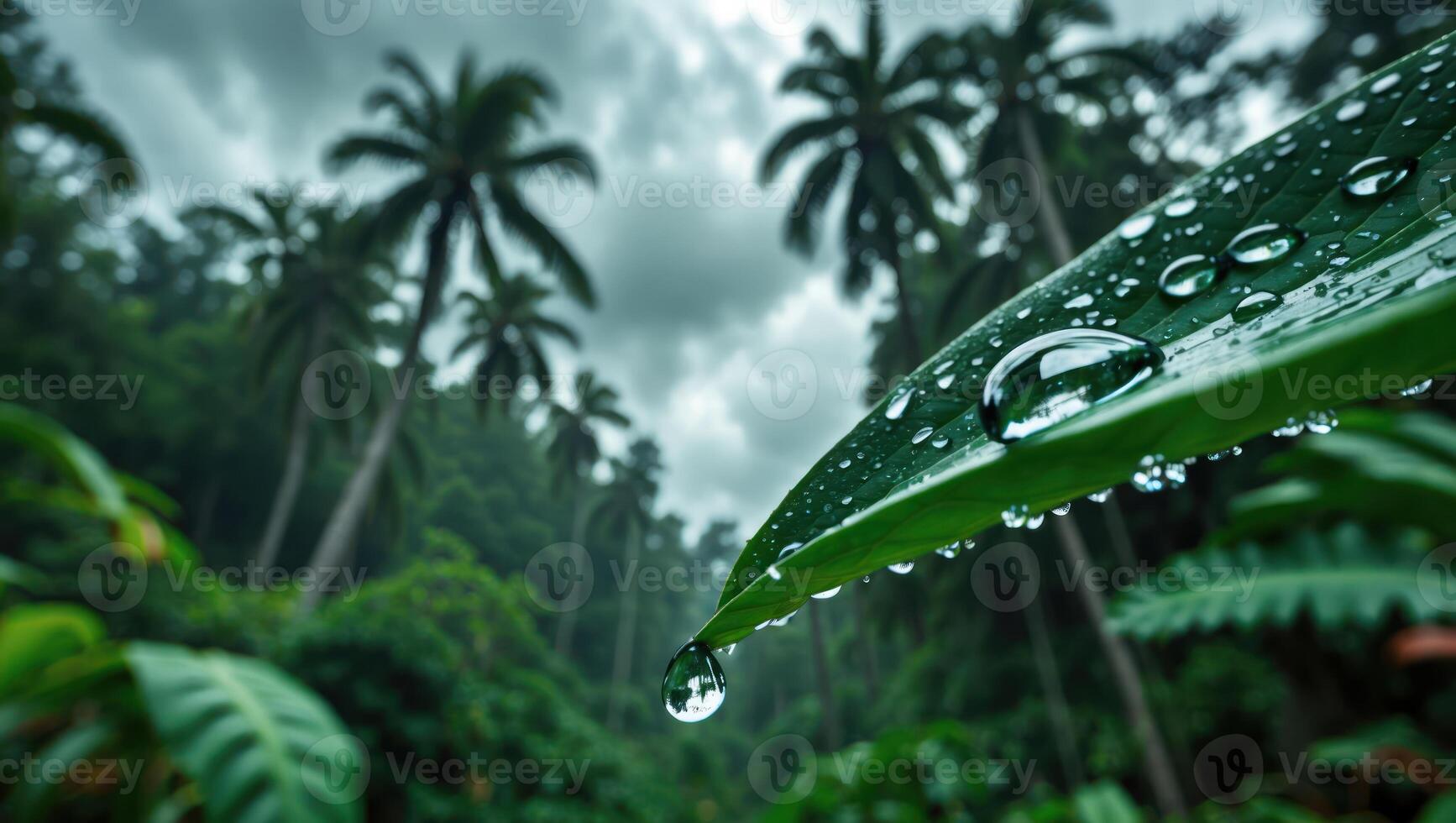 Water Droplets on Leaf in Tropical Forest After Rainfall photo