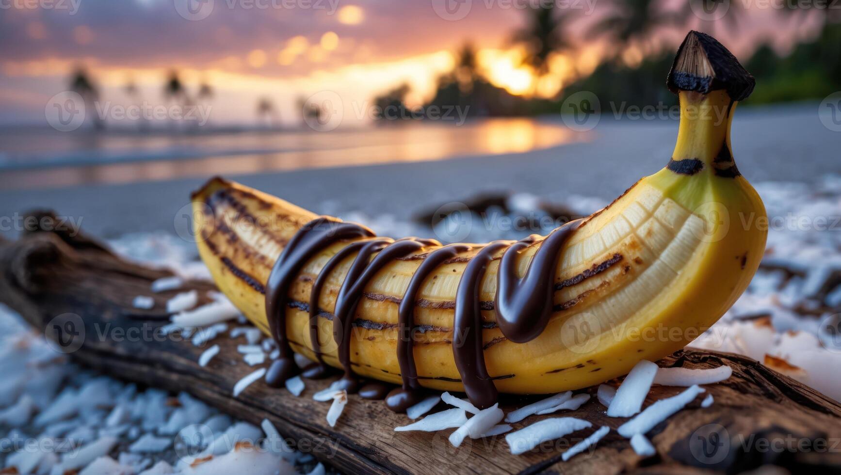 Grilled Banana with Chocolate Drizzle at Beach at Sunset photo