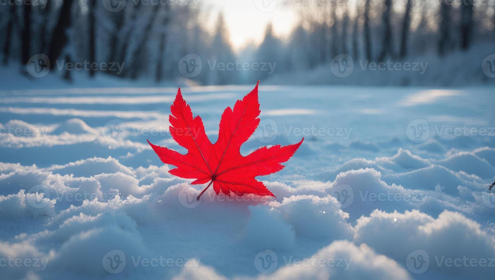 Red Leaf Resting on Winter Snowscape with Blurred Forest Backdrop photo