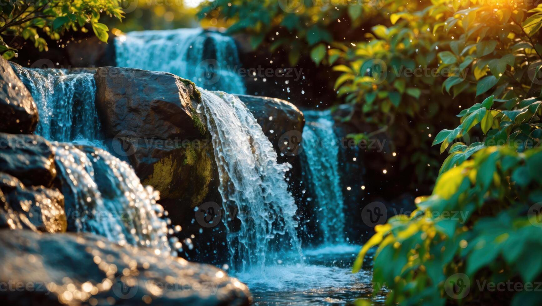 Cascading Waterfall Flows Over Rocks with Lush Green Foliage Backdrop photo