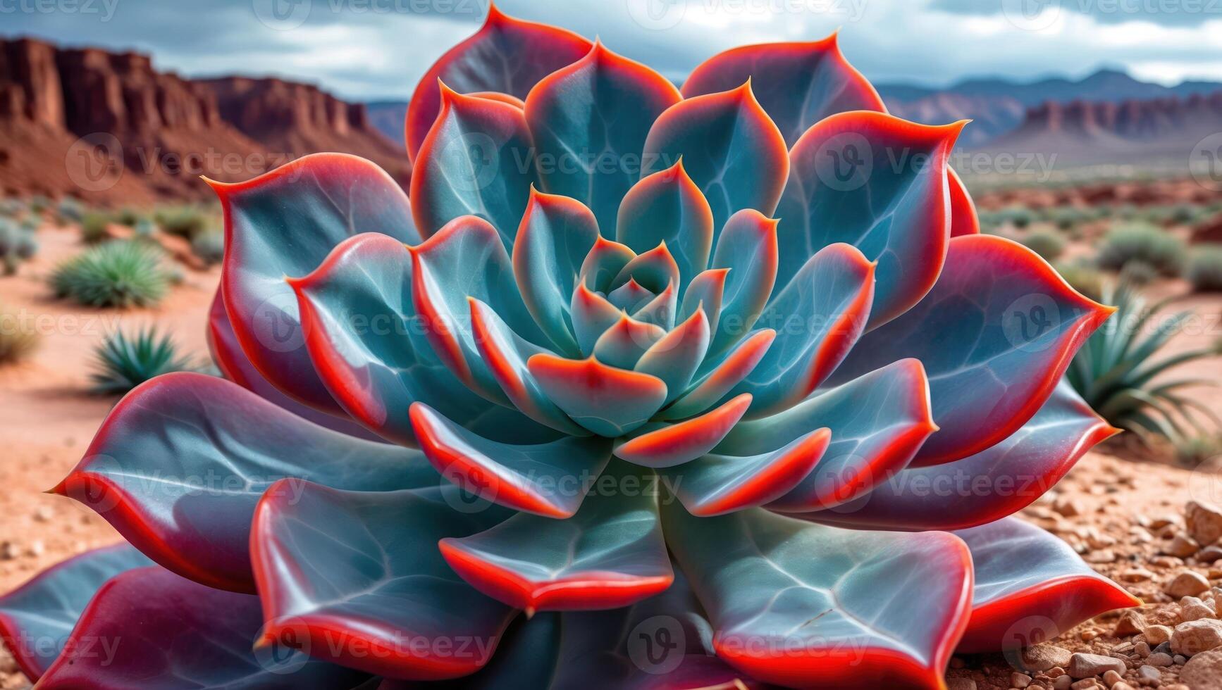 Close-up of Succulent Plant with Desert Landscape in the Background photo