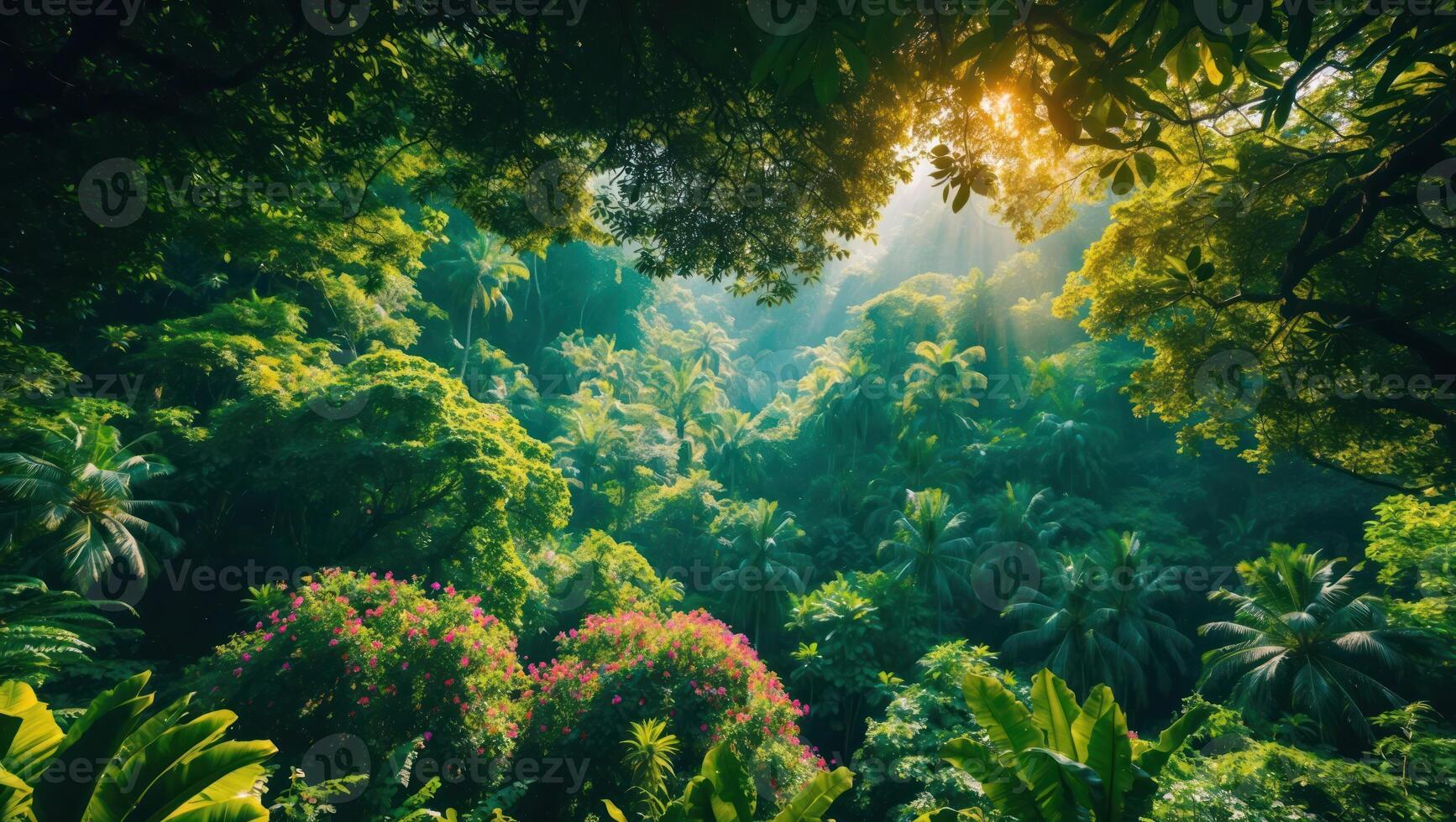 Lush Green Forest Canopy with Sun Rays Shining Through Foliage photo