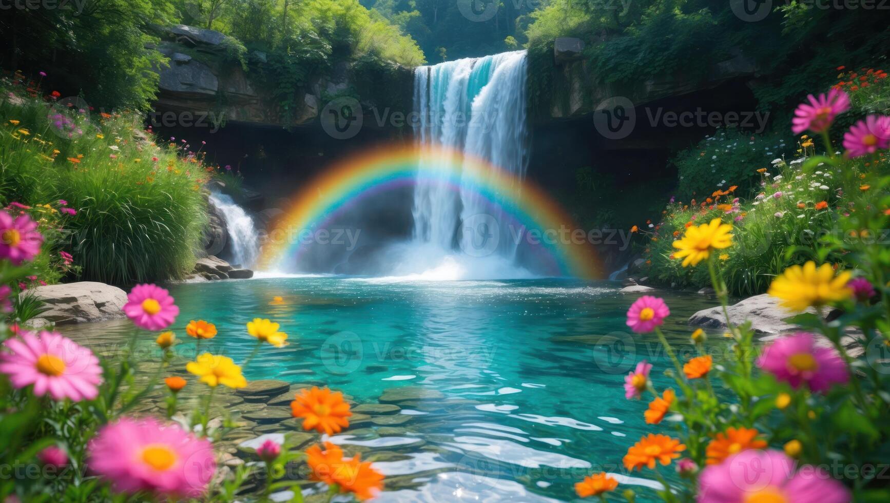 Waterfall with Rainbow and Flowers in Lush Green Paradise Setting photo