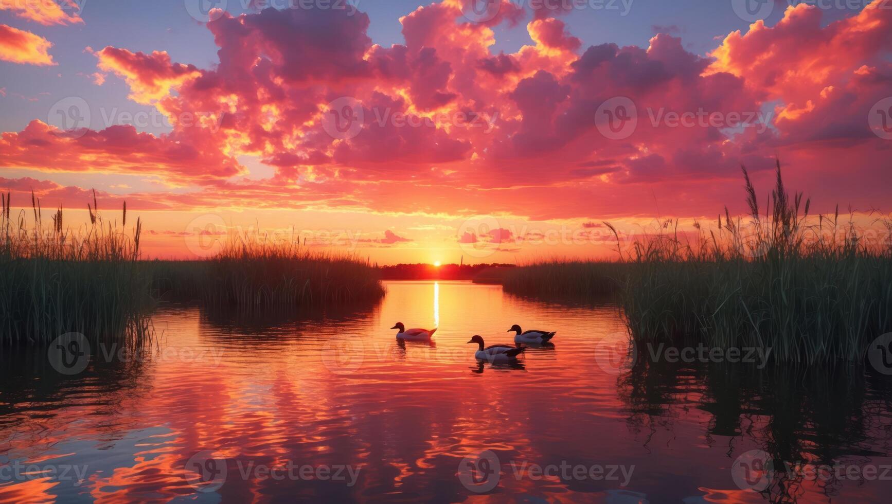 Ducks Swim in the Lake During Vibrant Sunset Reflecting in Water photo