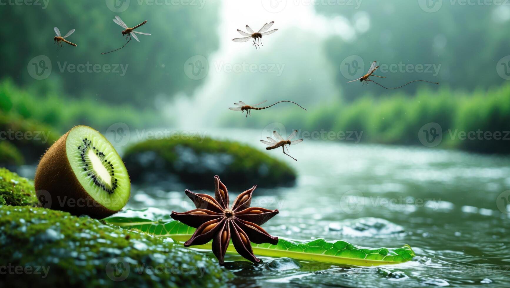 Kiwi, Star Anise and Dragonflies by Flowing River in Nature photo