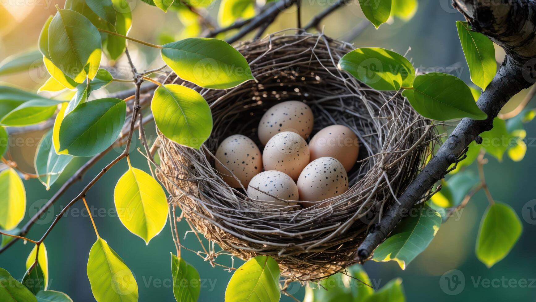 Nest with Eggs Hanging in Tree with Green Leaves Springtime photo