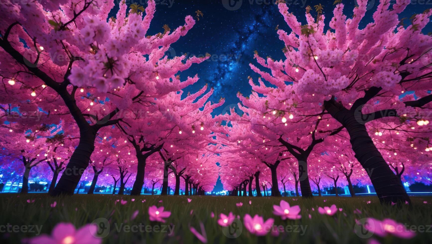 Pink Blossoms Illuminate Night Sky a Romantic Tree Lined Scene photo