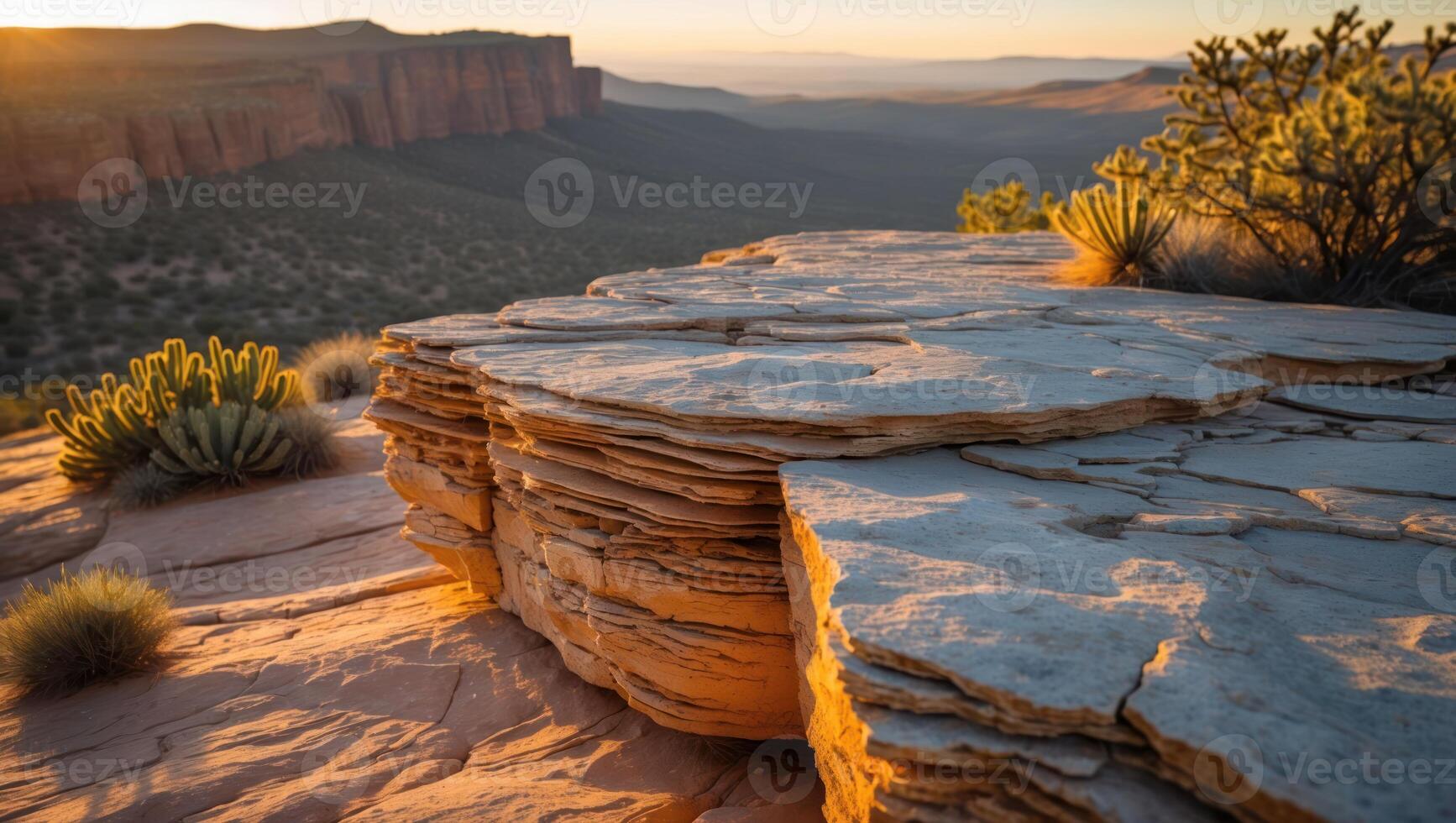 Scenic Mesa Vista at Sunset with Rock Formations and Desert Plants photo
