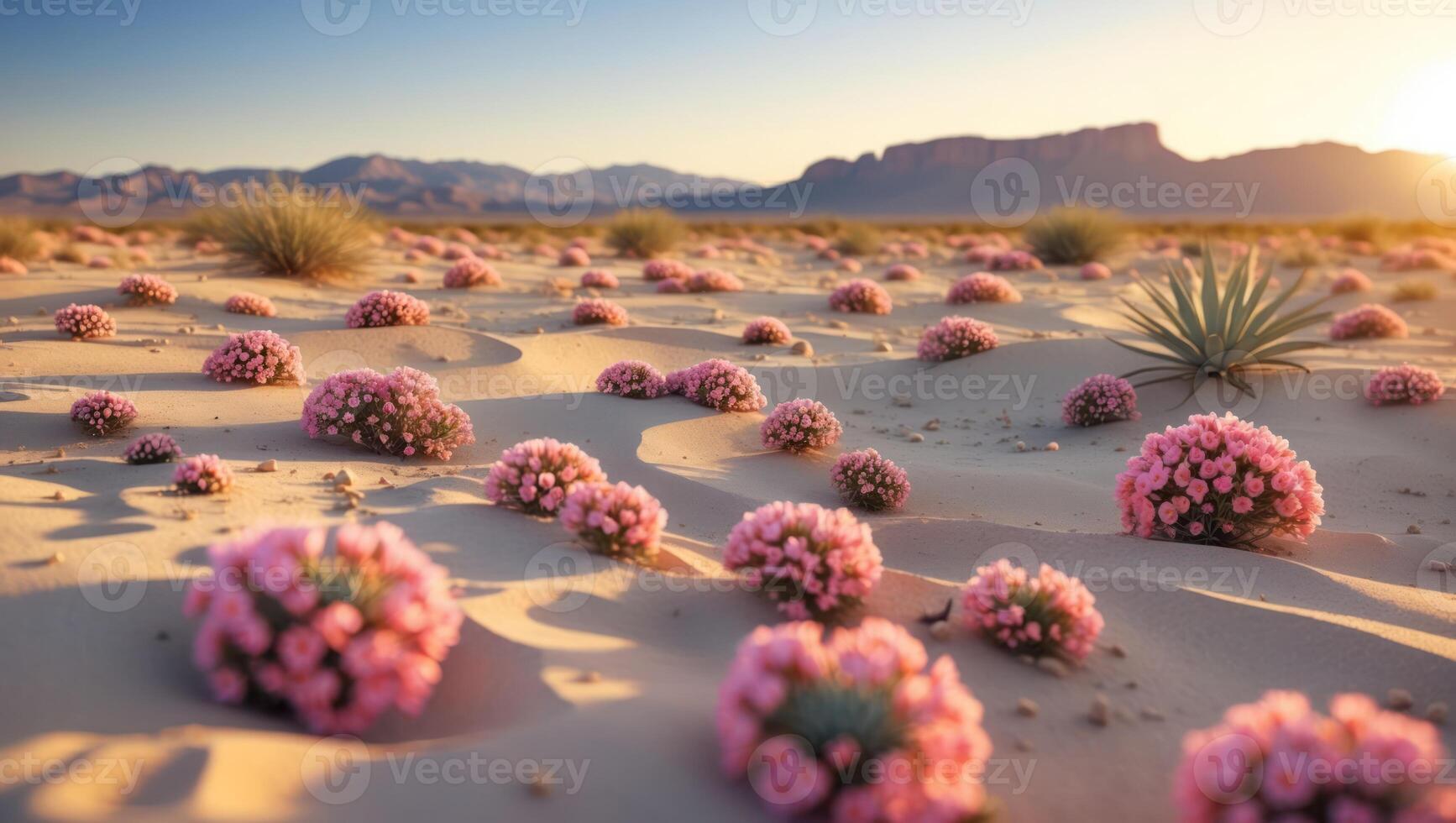 Pink Flowers Bloom in Desert Landscape at Sunset in Soft Light photo