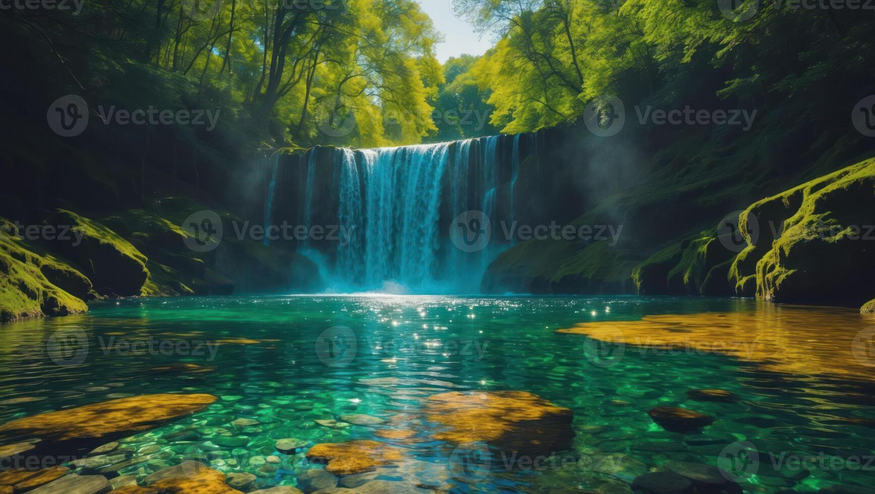 Cascading Waterfall Flows Into Clear Pool Among Lush Green Forest photo