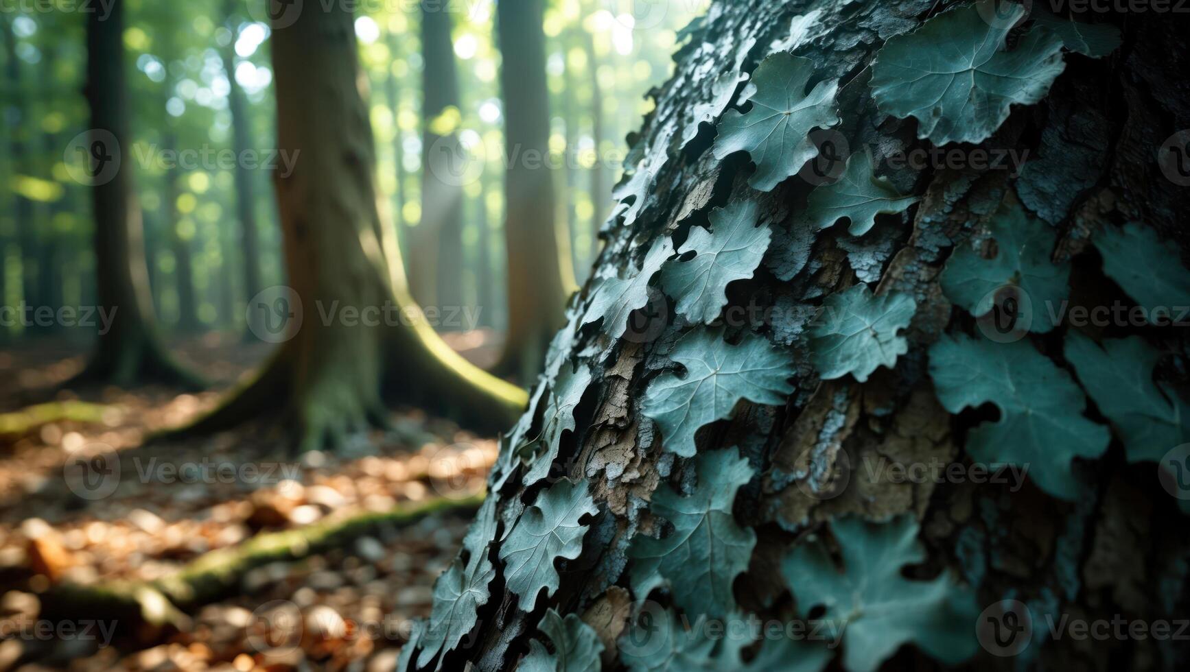 Close Up of Tree Bark Covered with Ivy in Serene Forest photo