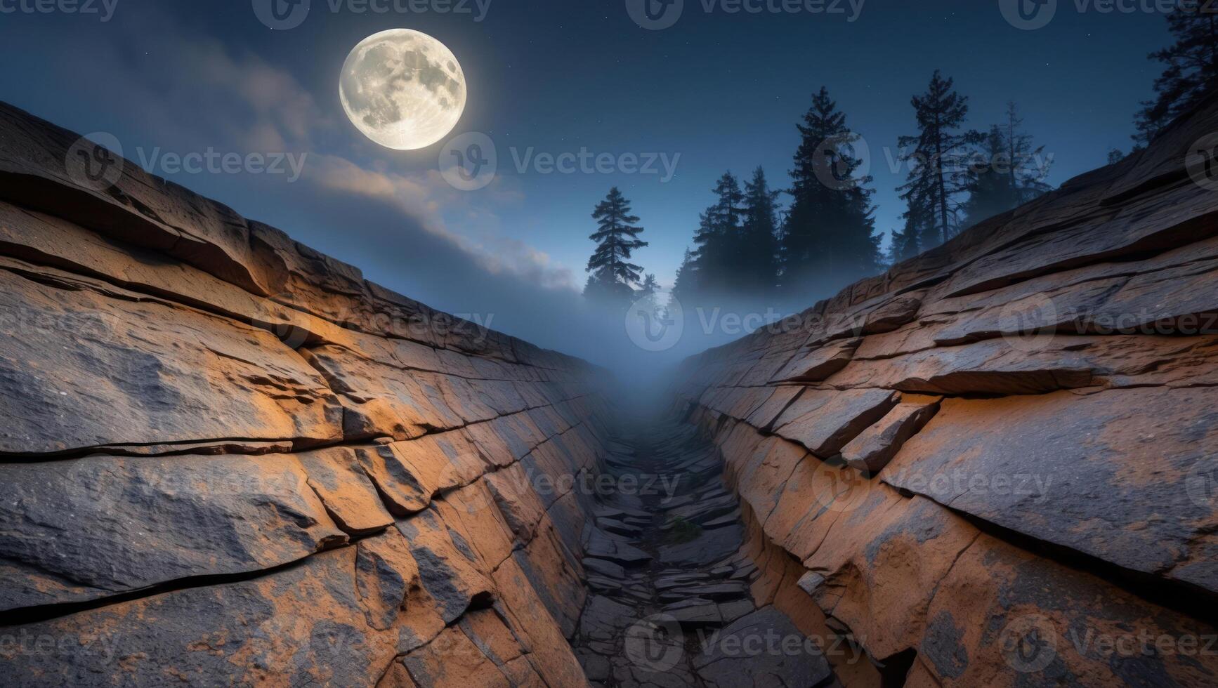 Rock Formation Leading to Forest with Full Moon Shining Brightly photo